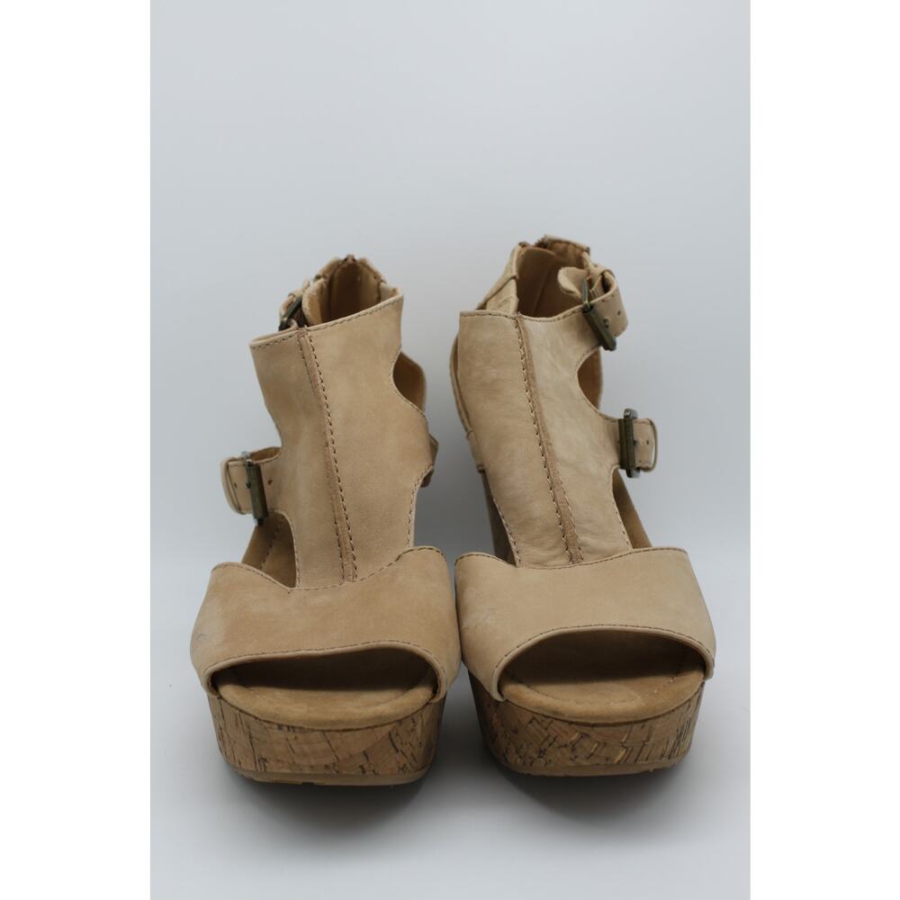 Nine West Erino Tan Beige Cork Wedge Suede Leather Sandal Heels Shoes Size 9.5